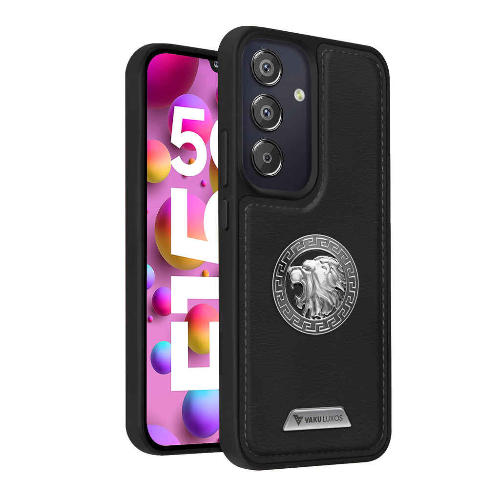 Vaku ® Samsung Galaxy F15 5G Regal Shield Metal Lion Engraved Leather Protective Back Cover