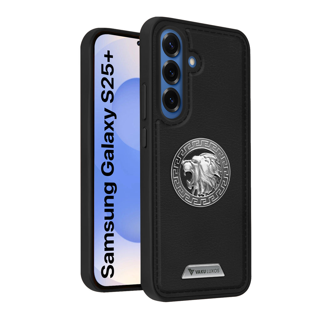 Vaku ® Samsung Galaxy S25 Plus Regal Shield Metal Lion Engraved Leather Back Cover