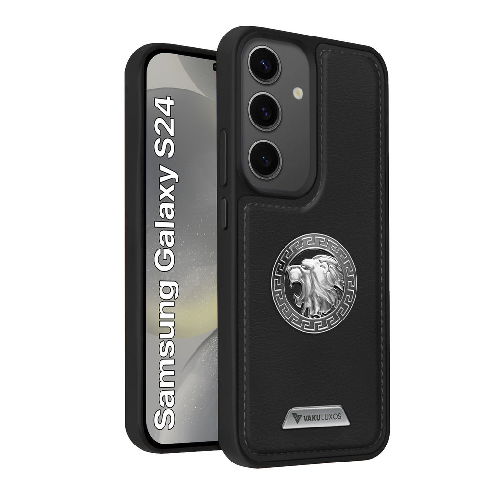 Vaku ® Samsung Galaxy S24 Regal Shield Metal Lion Engraved Leather Protective Back Cover