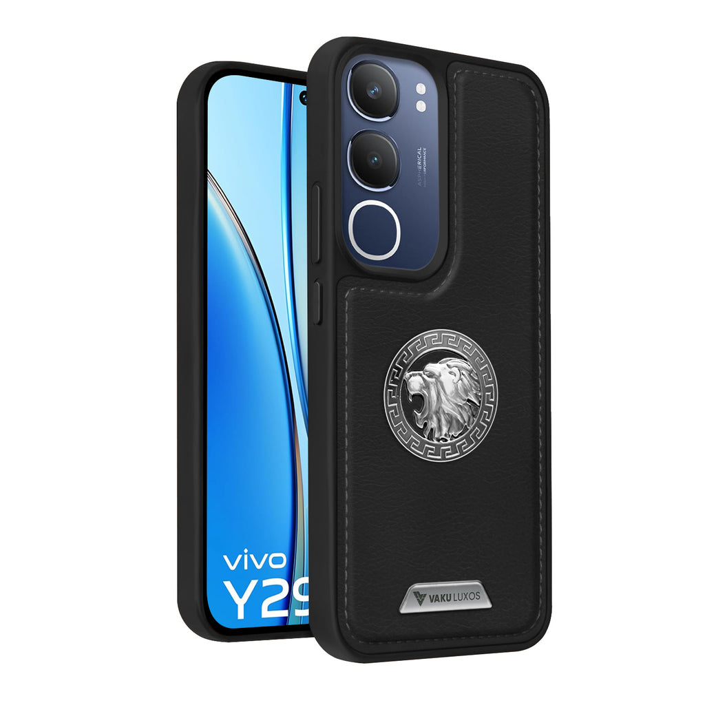 Vaku ® Vivo Y29 5G Regal Shield Metal Lion Engraved Leather Back Cover