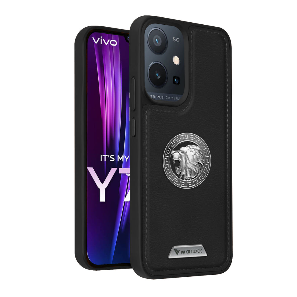 Vaku ® Vivo Y75 5G Regal Shield Metal Lion Engraved Leather Back Cover
