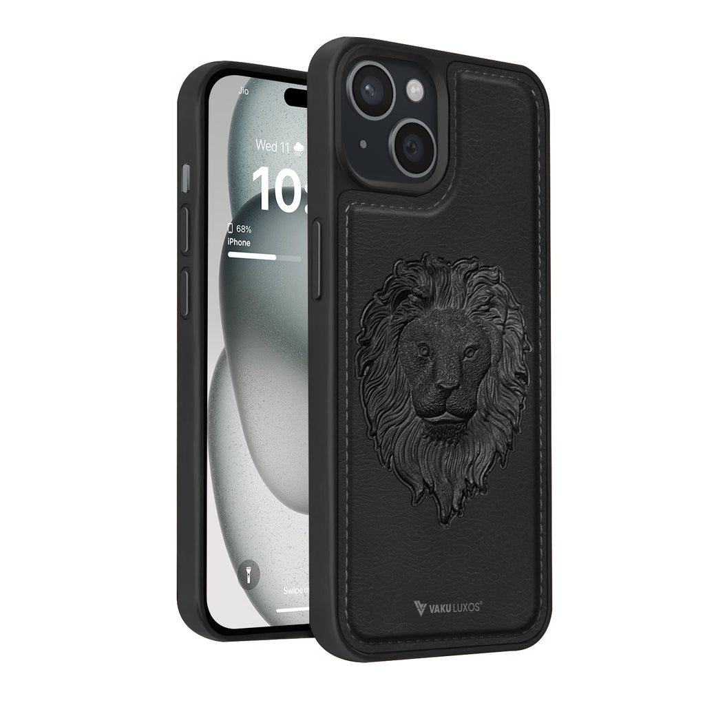 Vaku ® Apple iPhone 15 Plus Lion Embossed Luxury Designer Leather Protective Back Cover