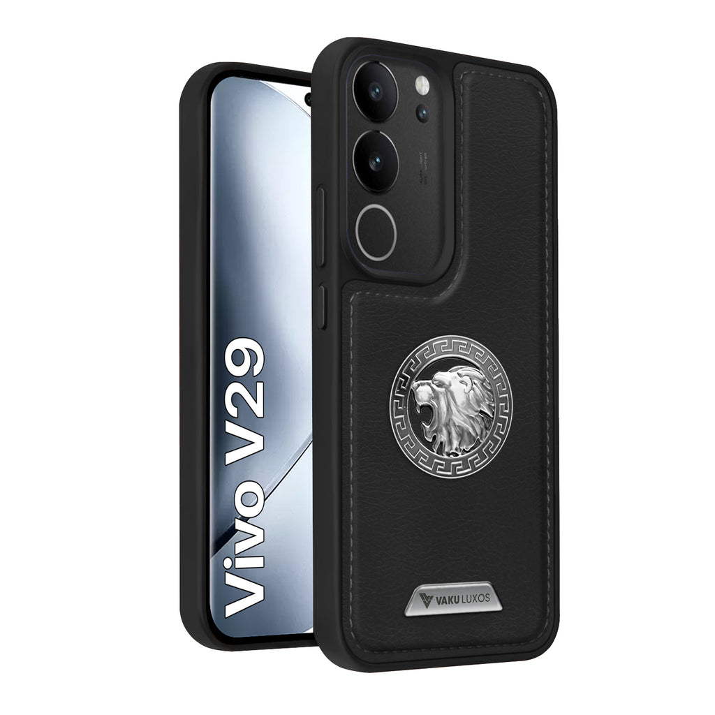 Vaku ® Vivo V29 5G Regal Shield Metal Lion Engraved Leather Back Cover