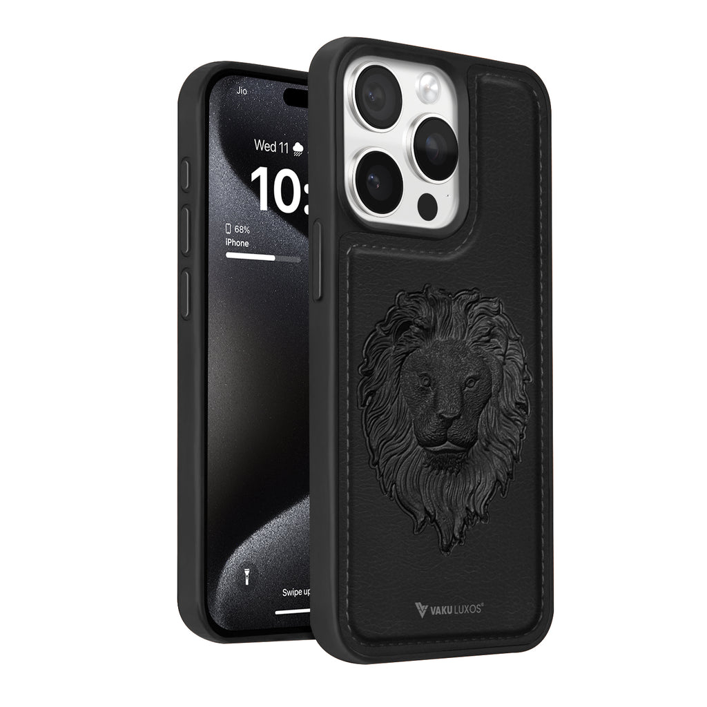 Vaku ® Apple iPhone 15 Pro Lion Embossed Luxury Designer Leather Protective Back Cover