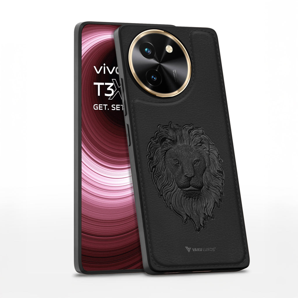 Vaku ® Vivo T3X 5G Lion Embossed Luxury Designer Leather Back Cover