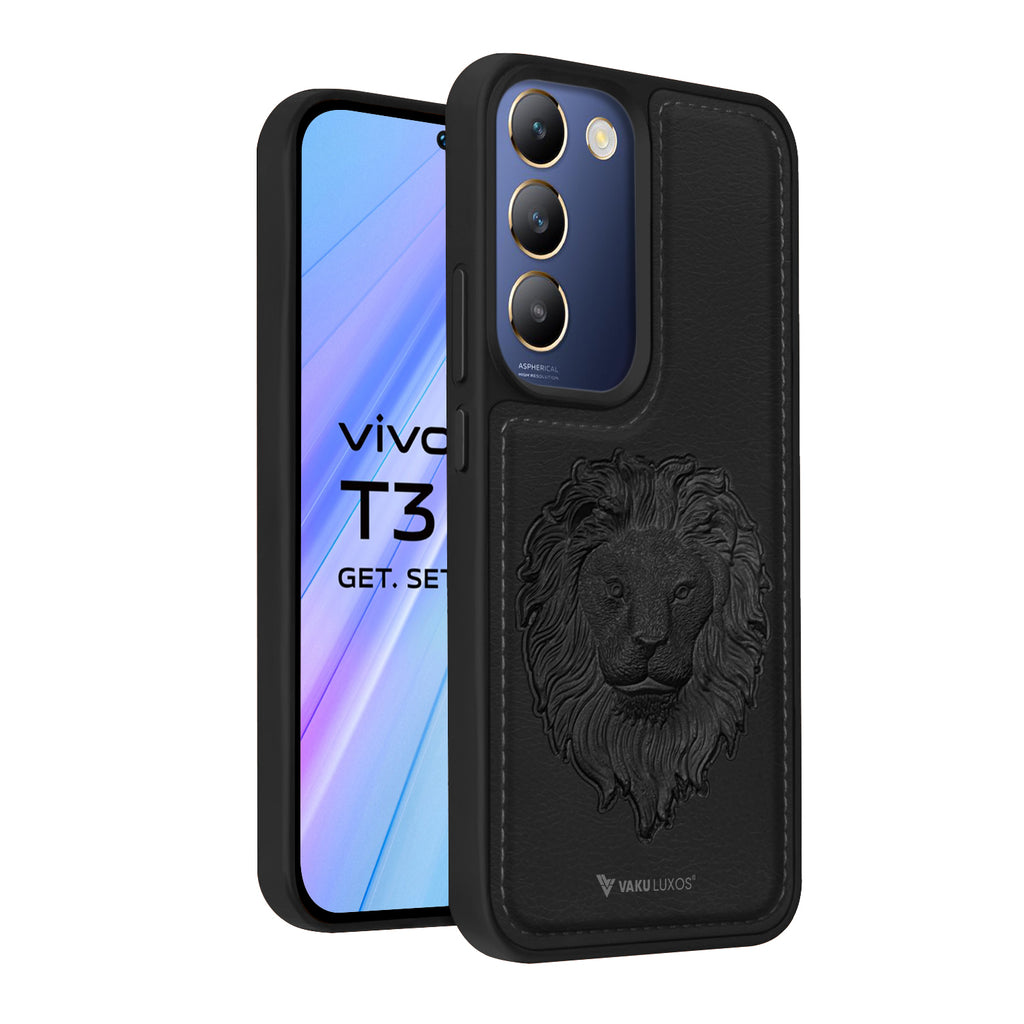Vaku ® Vivo T3 5G Lion Embossed Luxury Designer Leather Back Cover