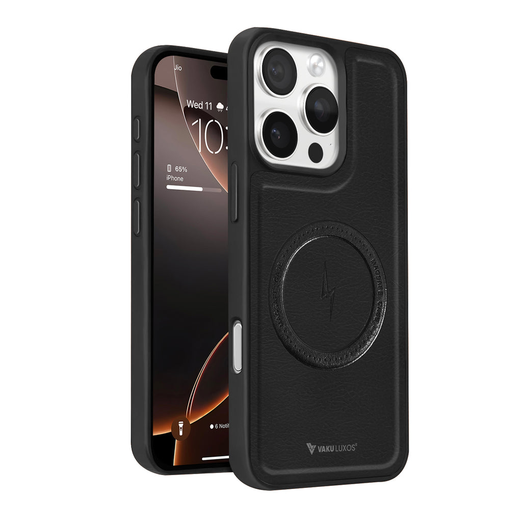 Vaku ® Apple iPhone 16 Pro Maxtron Leather Stitched Magnetic Magsafe Non-Slip Grip Shockproof Back Cover