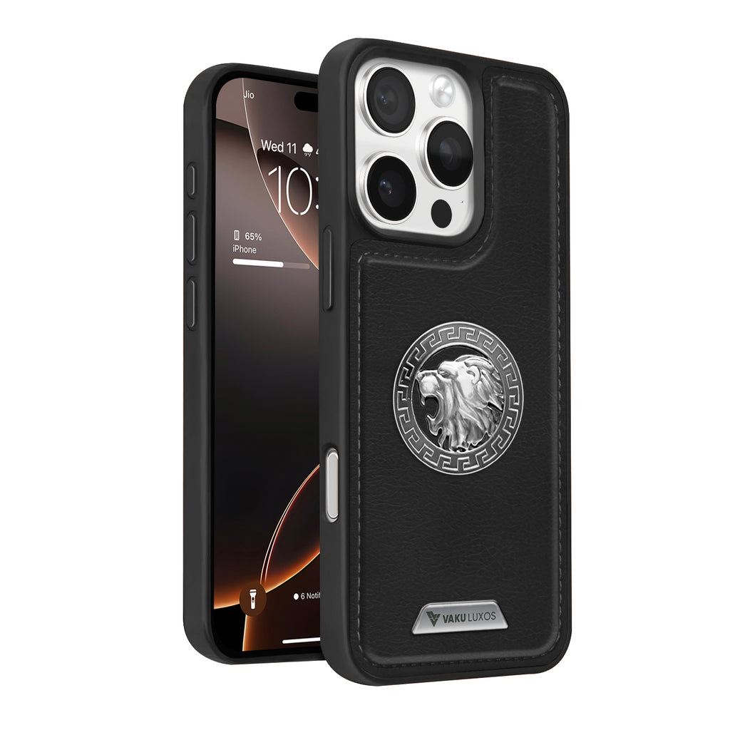 Vaku ® Apple iPhone 16 Pro Max Regal Shield Metal Lion Engraved Leather Protective Back Cover