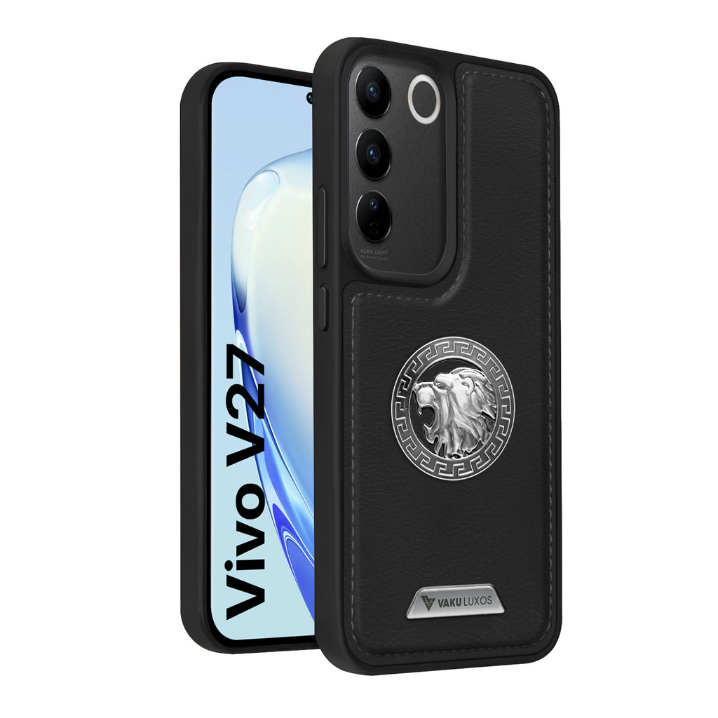 Vaku ® Vivo V27 5G Regal Shield Metal Lion Engraved Leather Back Cover