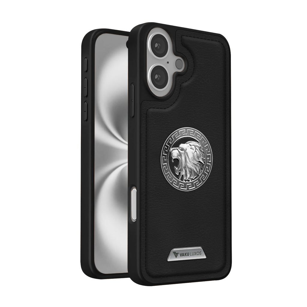 Vaku ® Apple iPhone 16 Plus Regal Shield Metal Lion Engraved Leather Protective Back Cover