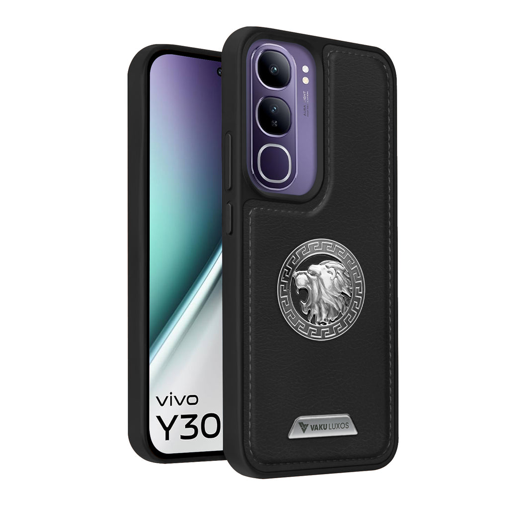 Vaku ® Vivo Y300 5G Regal Shield Metal Lion Engraved Leather Back Cover