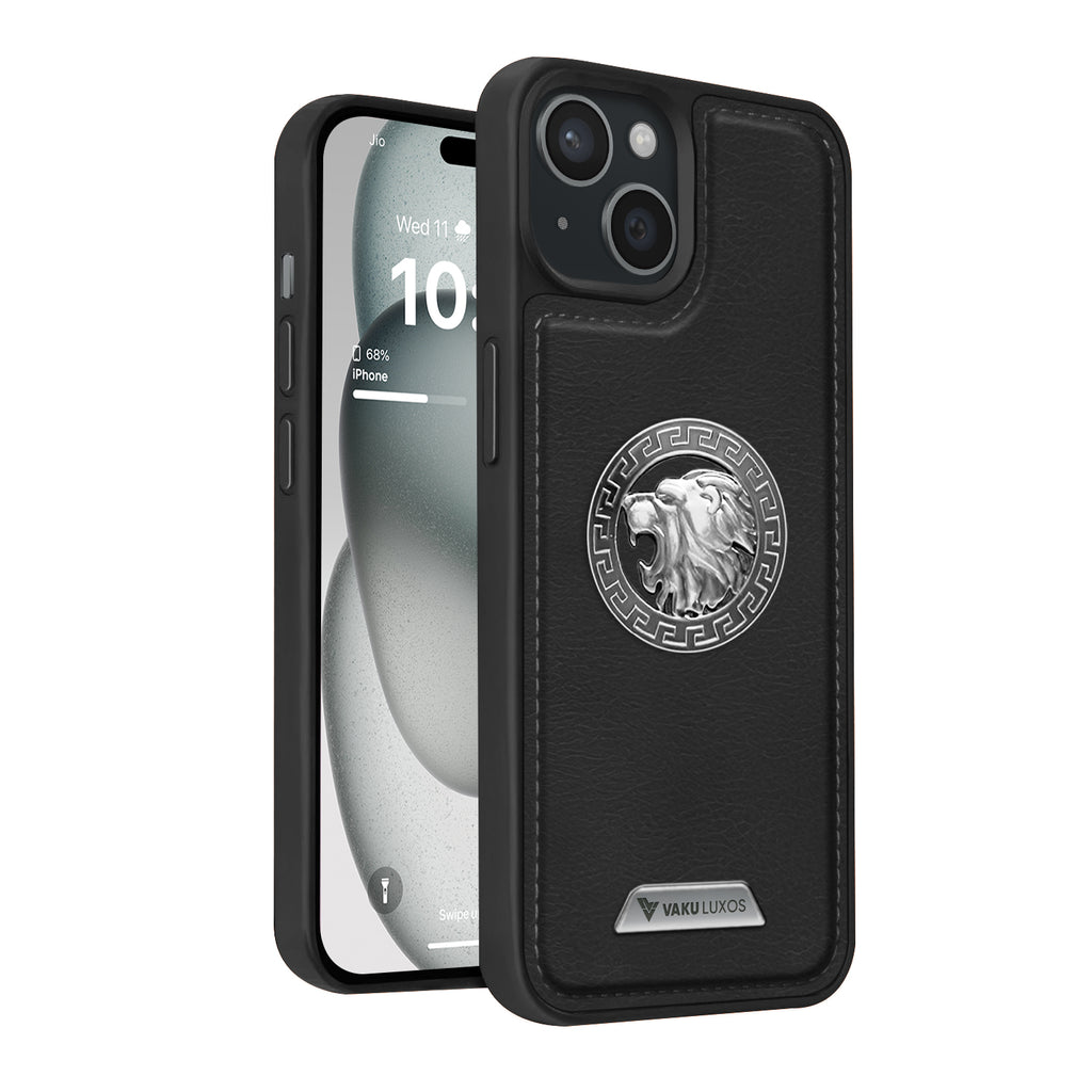 Vaku ® Apple iPhone 15 Regal Shield Metal Lion Engraved Leather Protective Back Cover