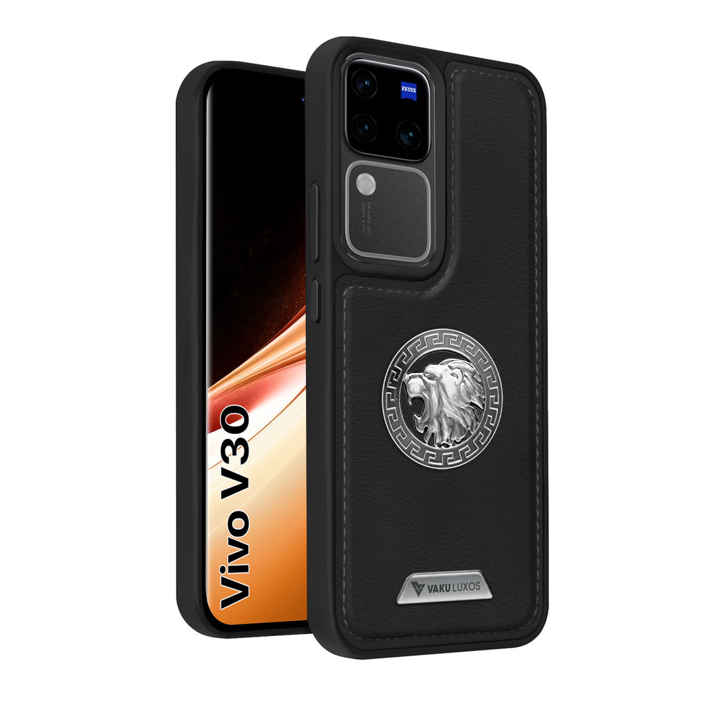 Vaku ® Vivo V30 5G Regal Shield Metal Lion Engraved Leather Back Cover