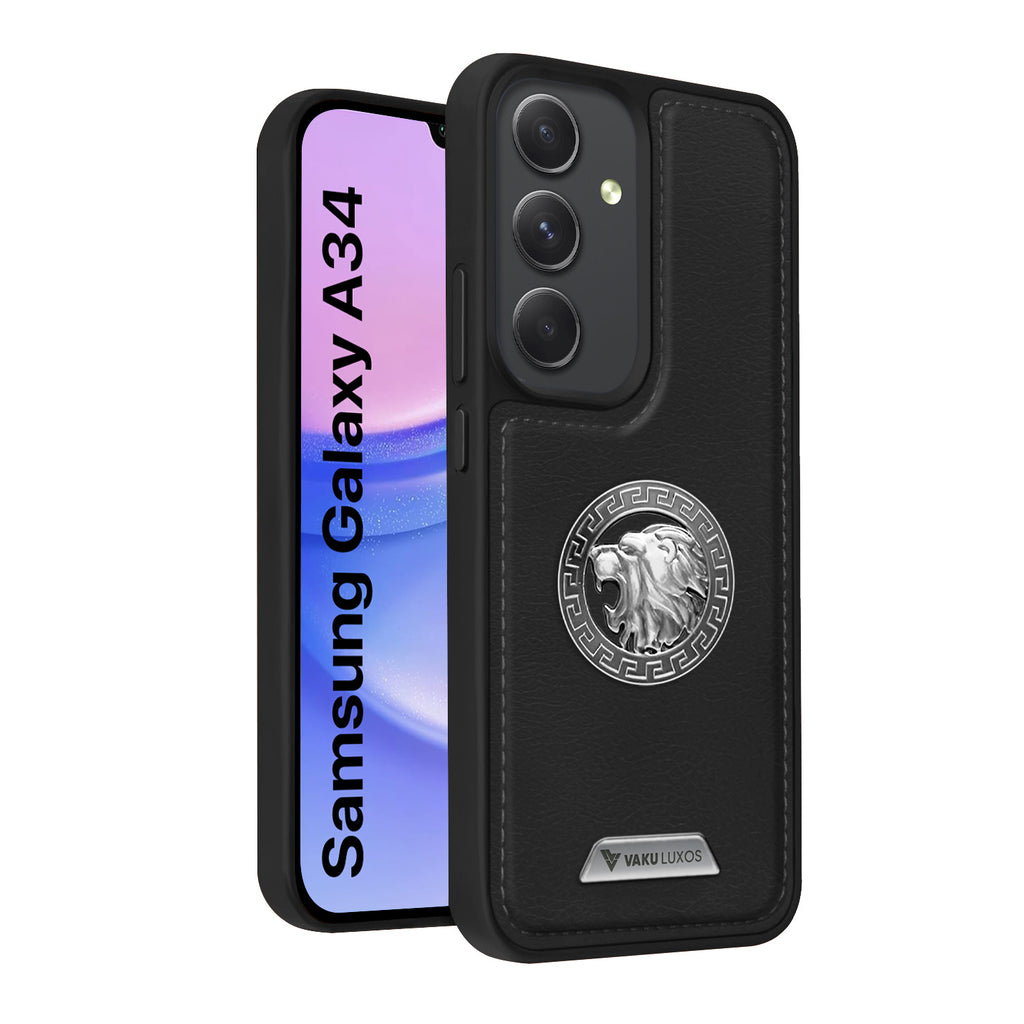Vaku ® Samsung Galaxy A34 5G Regal Shield Metal Lion Engraved Leather Protective Back Cover