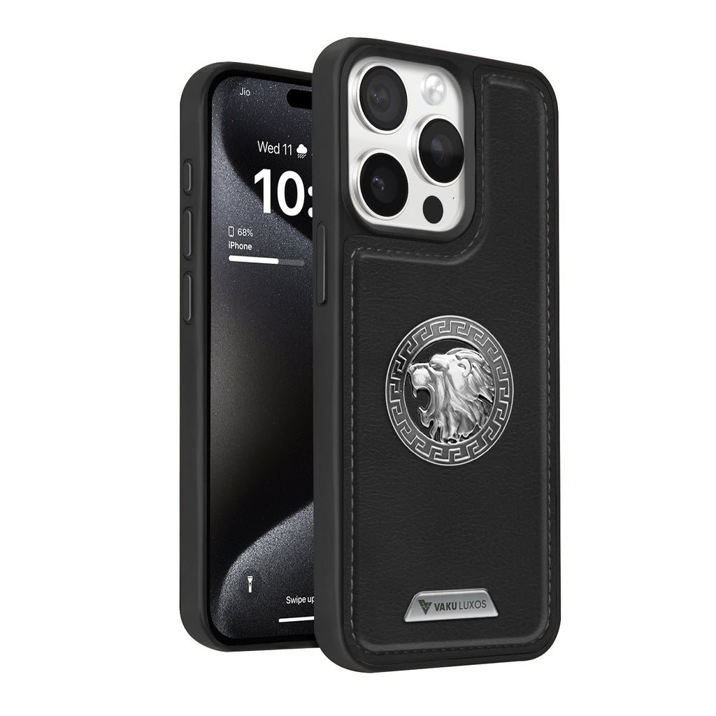 Vaku ® Apple iPhone 15 Pro Max Regal Shield Metal Lion Engraved Leather Protective Back Cover