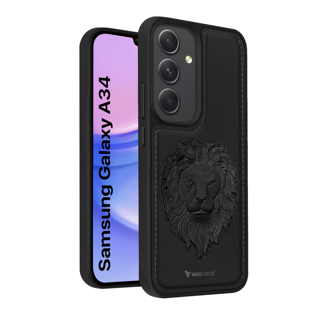 Vaku ® Samsung Galaxy A34 5G Lion Embossed Luxury Designer Leather Protective Back Cover