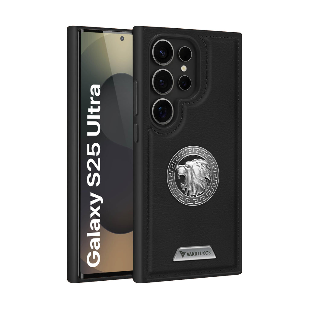 Vaku ® Samsung Galaxy S25 Ultra Regal Shield Metal Lion Engraved Leather Protective Back Cover