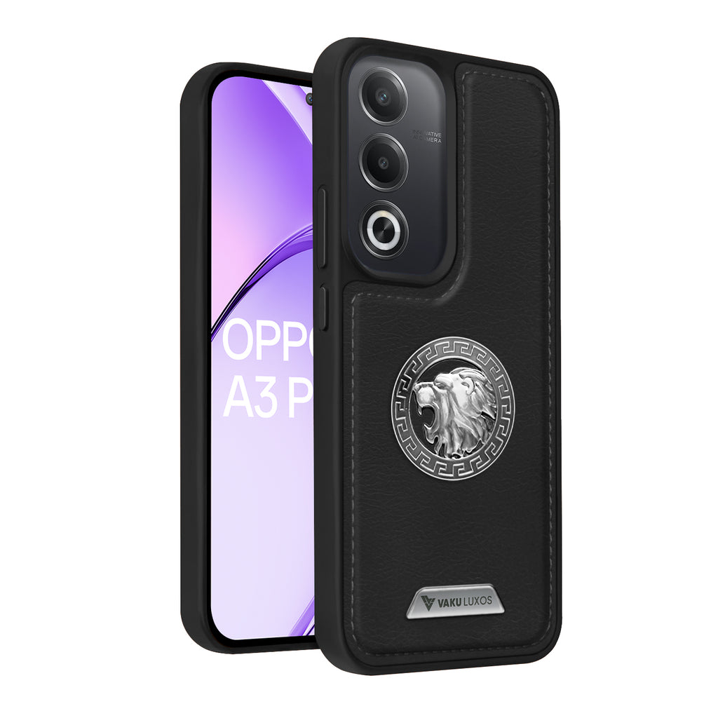 Vaku ® Oppo A3 Pro 5G Regal Shield Metal Lion Engraved Leather Back Cover