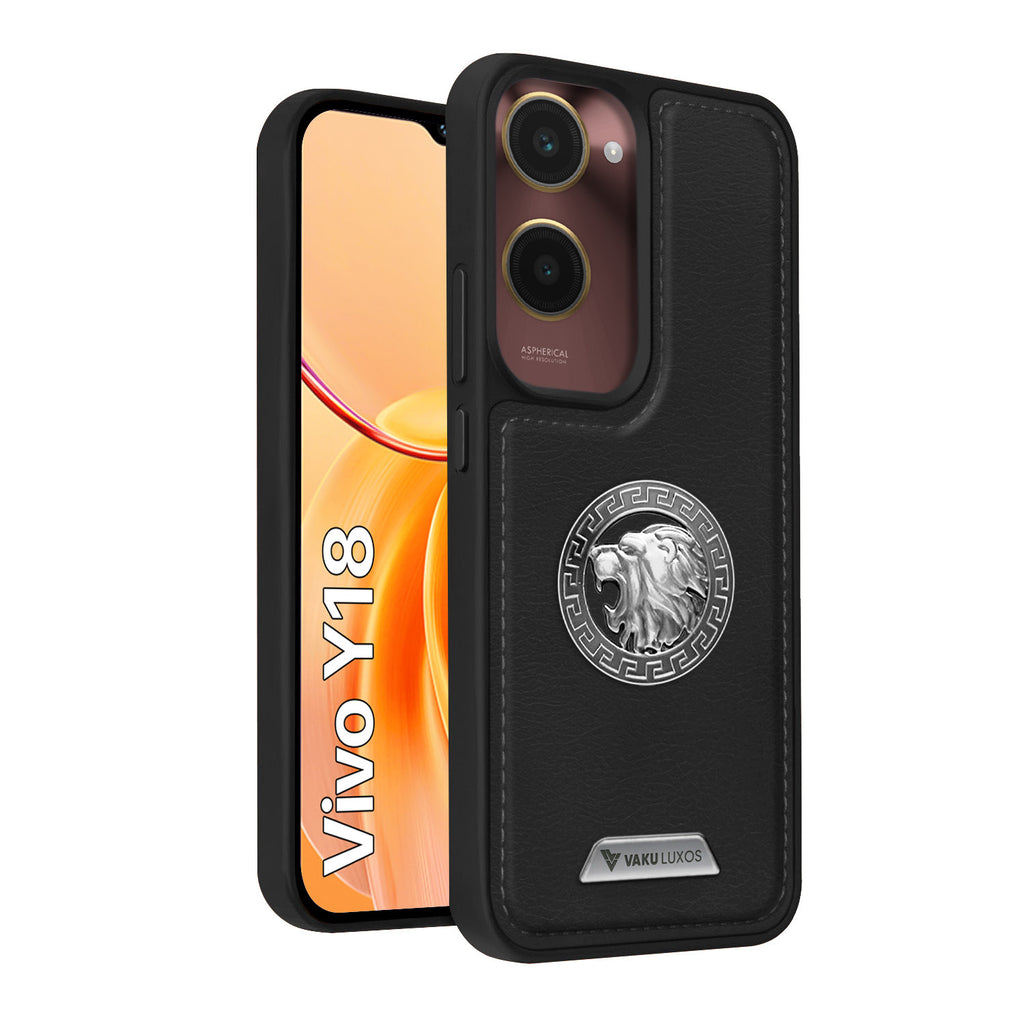 Vaku ® Vivo Y18 Regal Shield Metal Lion Engraved Leather Back Cover
