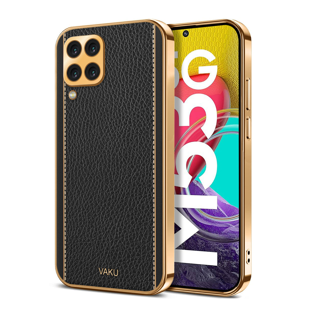 Vaku® Samsung Galaxy M53 5G Luxemberg Series Leather Stitched Gold Electroplated Soft TPU Back Cover