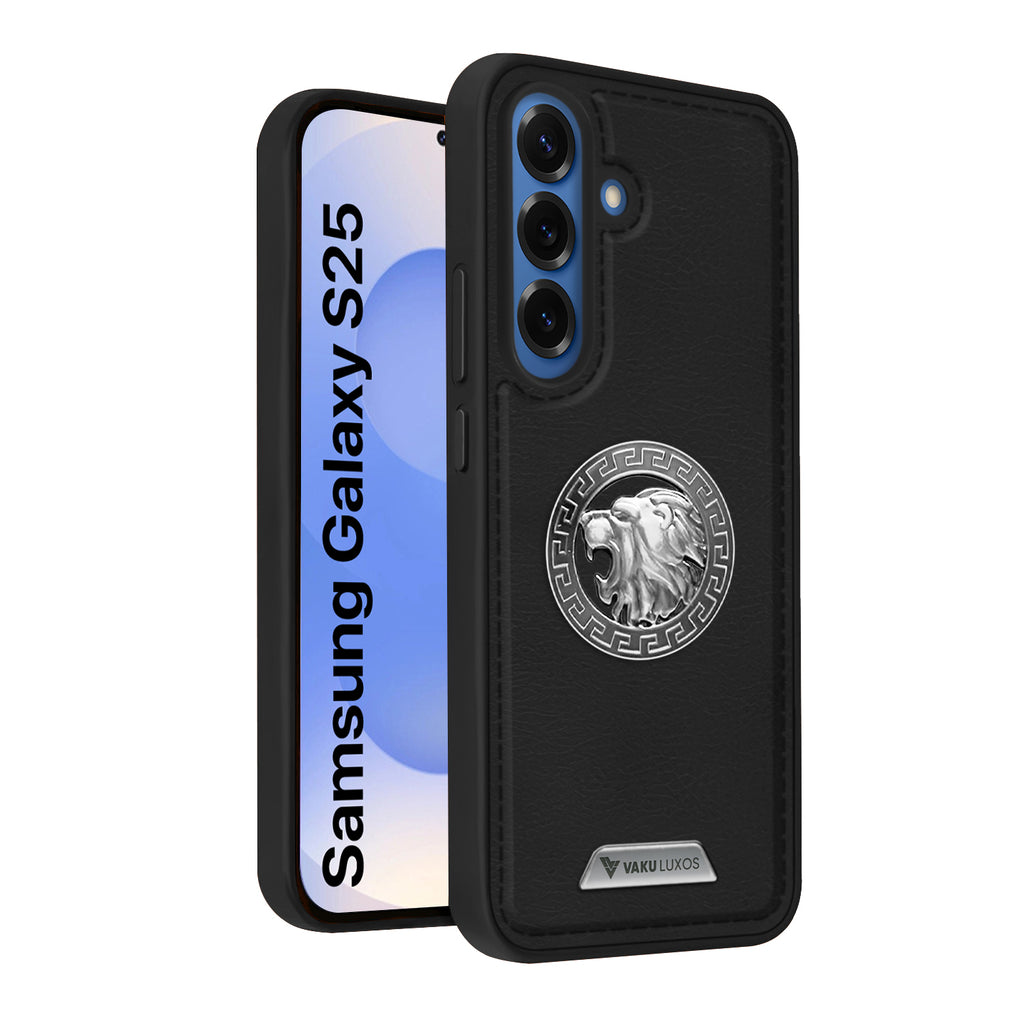 Vaku ® Samsung Galaxy S25 Regal Shield Metal Lion Engraved Leather Protective Back Cover