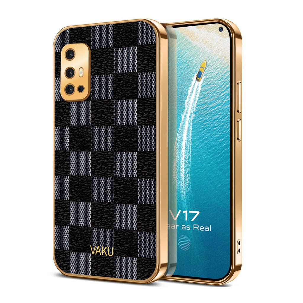 Vaku® Vivo V17 Cheron Series Leather Stitched Gold Electroplated Soft TPU Back Cover