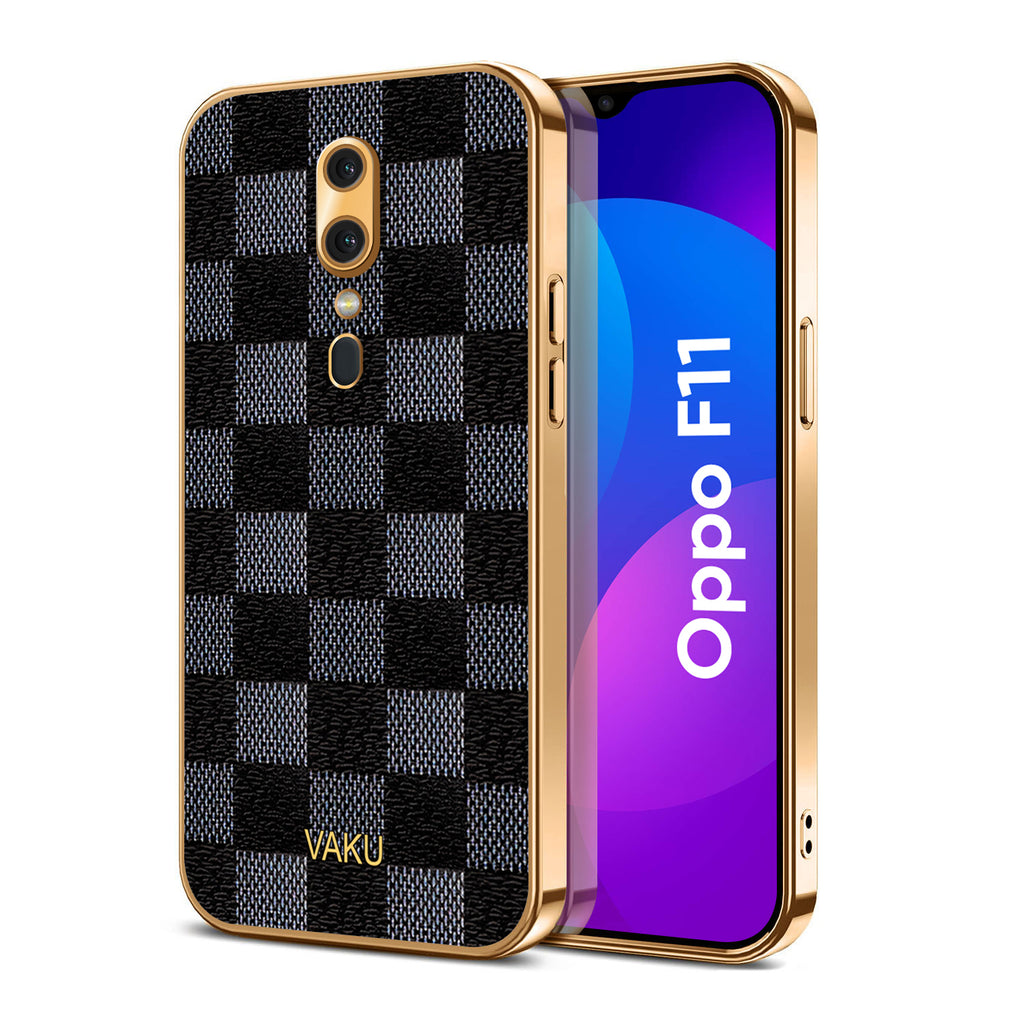 Vaku® Oppo F11 Cheron Series Leather Stitched Gold Electroplated Soft TPU Back Cover