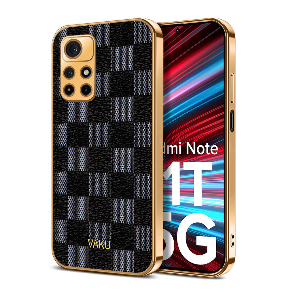Vaku® Redmi Note 11T 5G Cheron Series Leather Stitched Gold Electroplated Soft TPU Back Cover
