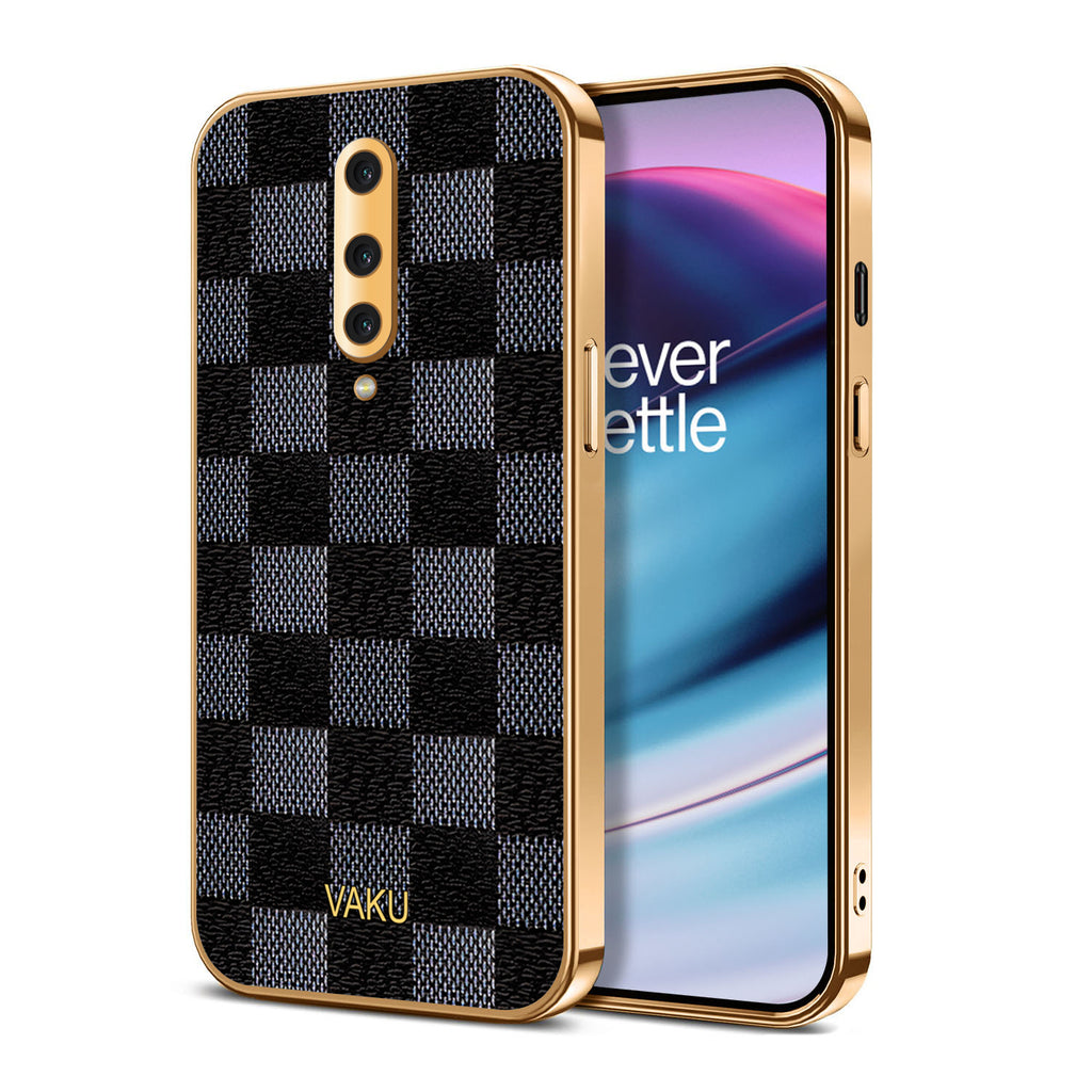 Vaku® OnePlus 8 Cheron Series Leather Stitched Gold Electroplated Soft TPU Back Cover