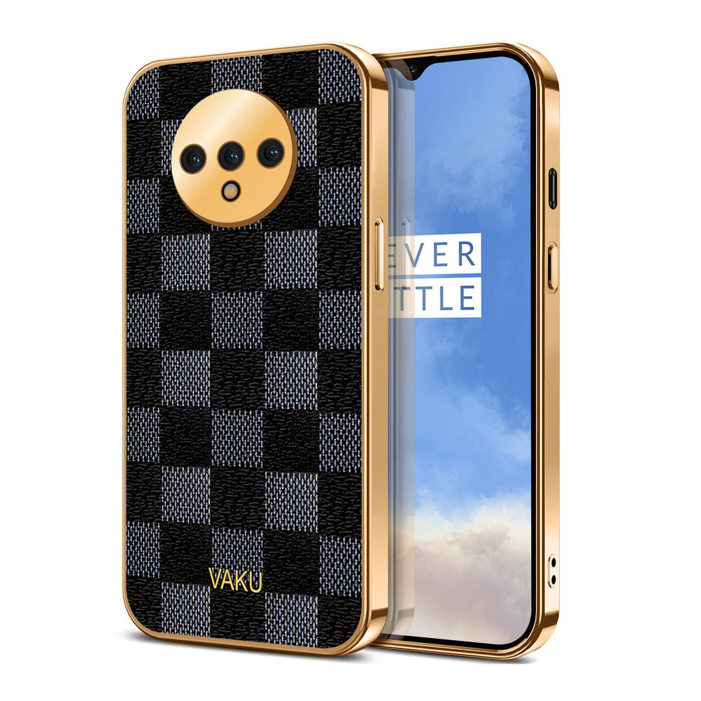 Vaku® Oneplus 7T Cheron Series Leather Stitched Gold Electroplated Soft TPU Back Cover