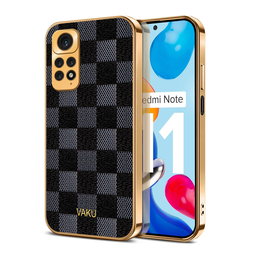 Vaku® Redmi Note 11 Cheron Series Leather Stitched Gold Electroplated Soft TPU Back Cover
