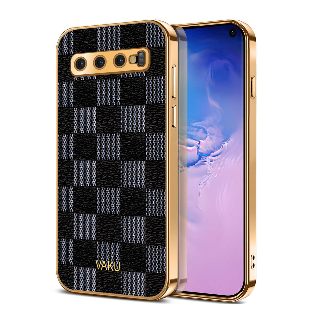 Vaku® Samsung Galaxy S10 Plus Cheron Series Leather Stitched Gold Electroplated Soft TPU Back Cover