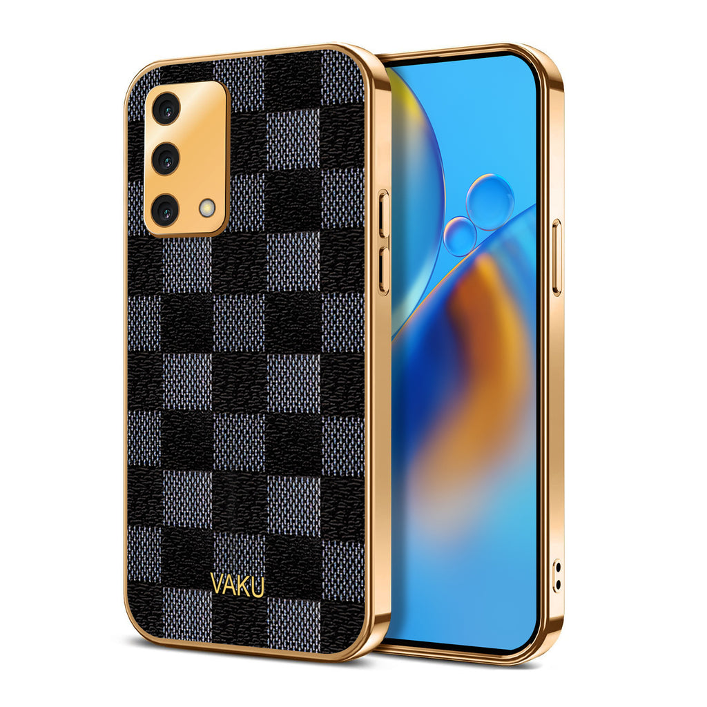 Vaku® Oppo A74 4G Cheron Leather Stitched Gold Electroplated Soft TPU Back Cover