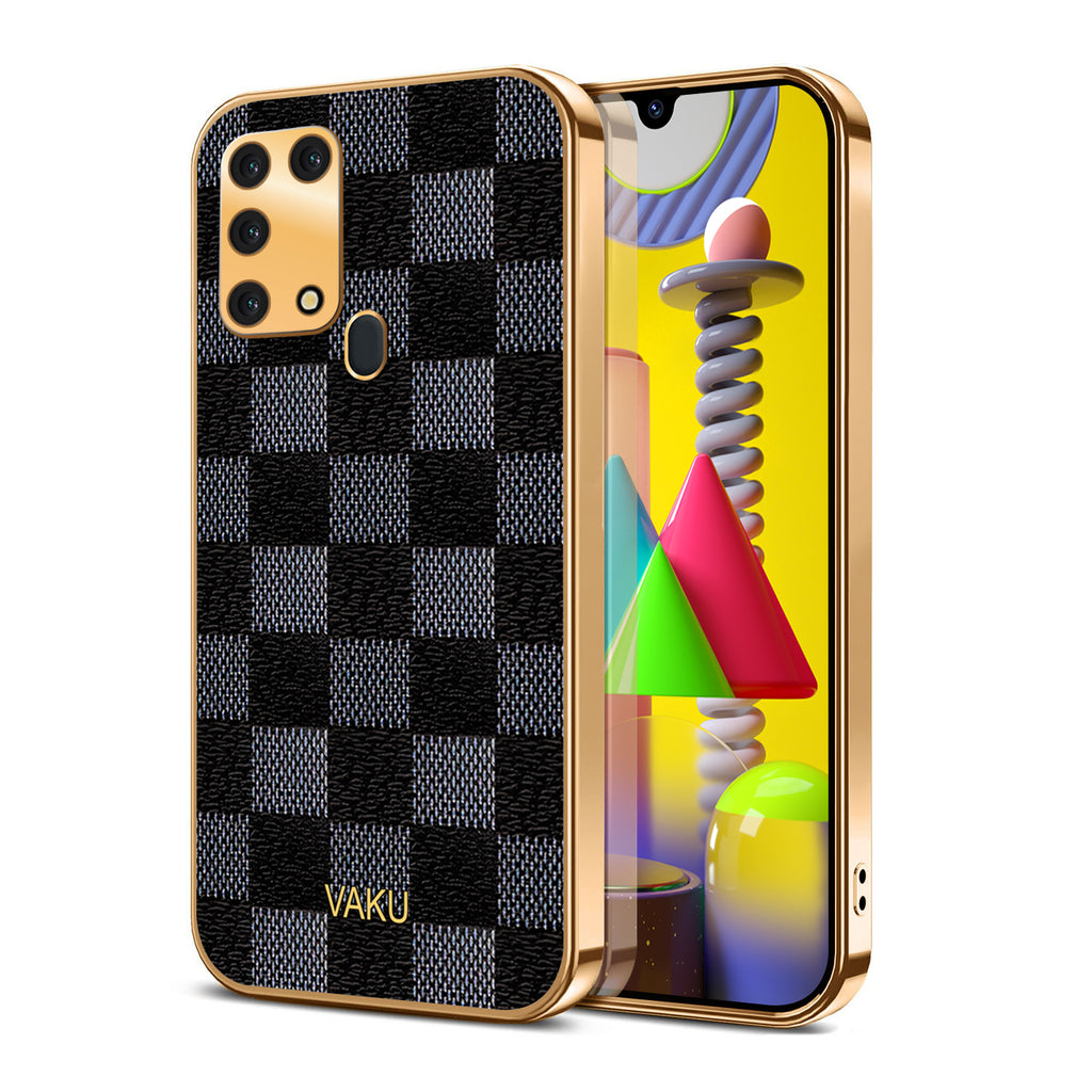 Vaku® Samsung Galaxy M31 Cheron Series Leather Stitched Gold Electroplated Soft TPU Back Cover