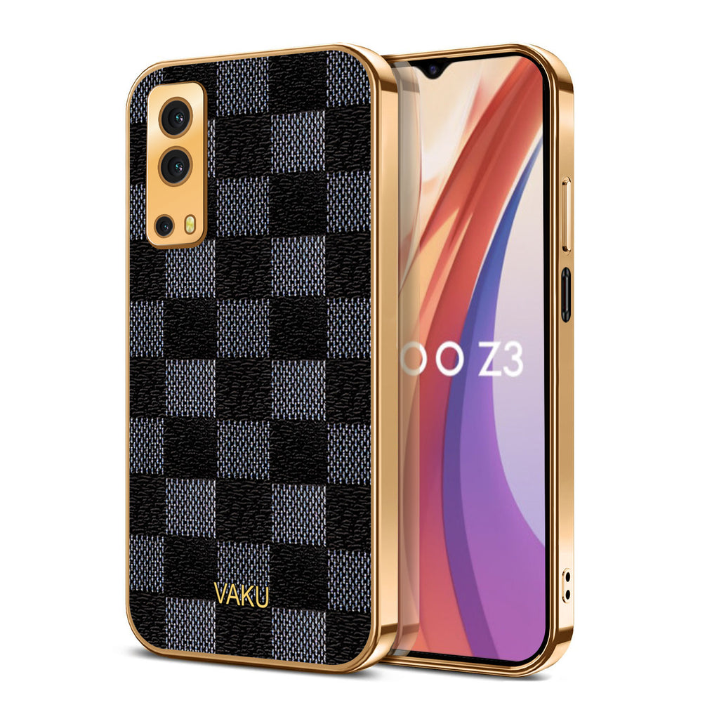 Vaku® iQOO Z3 5G Cheron Series Leather Stitched Gold Electroplated Soft TPU Back Cover