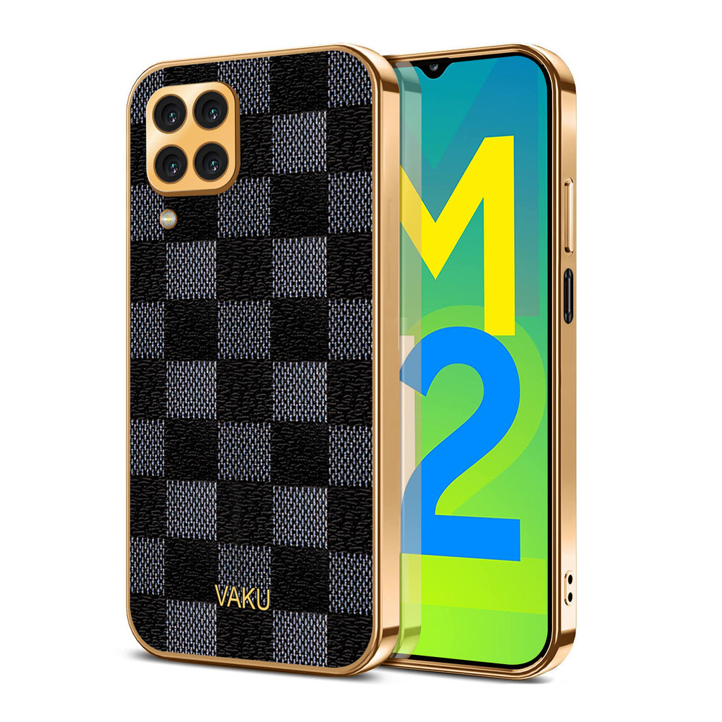 Vaku® Samsung Galaxy M12 Cheron Series Leather Stitched Gold Electroplated Soft TPU Back Cover