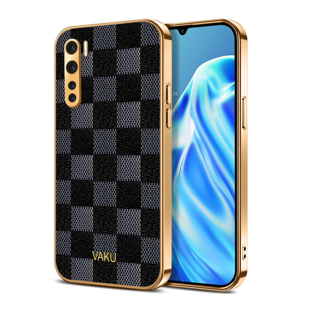 Vaku® Oppo F15 Cheron Series Leather Stitched Gold Electroplated Soft TPU Back Cover