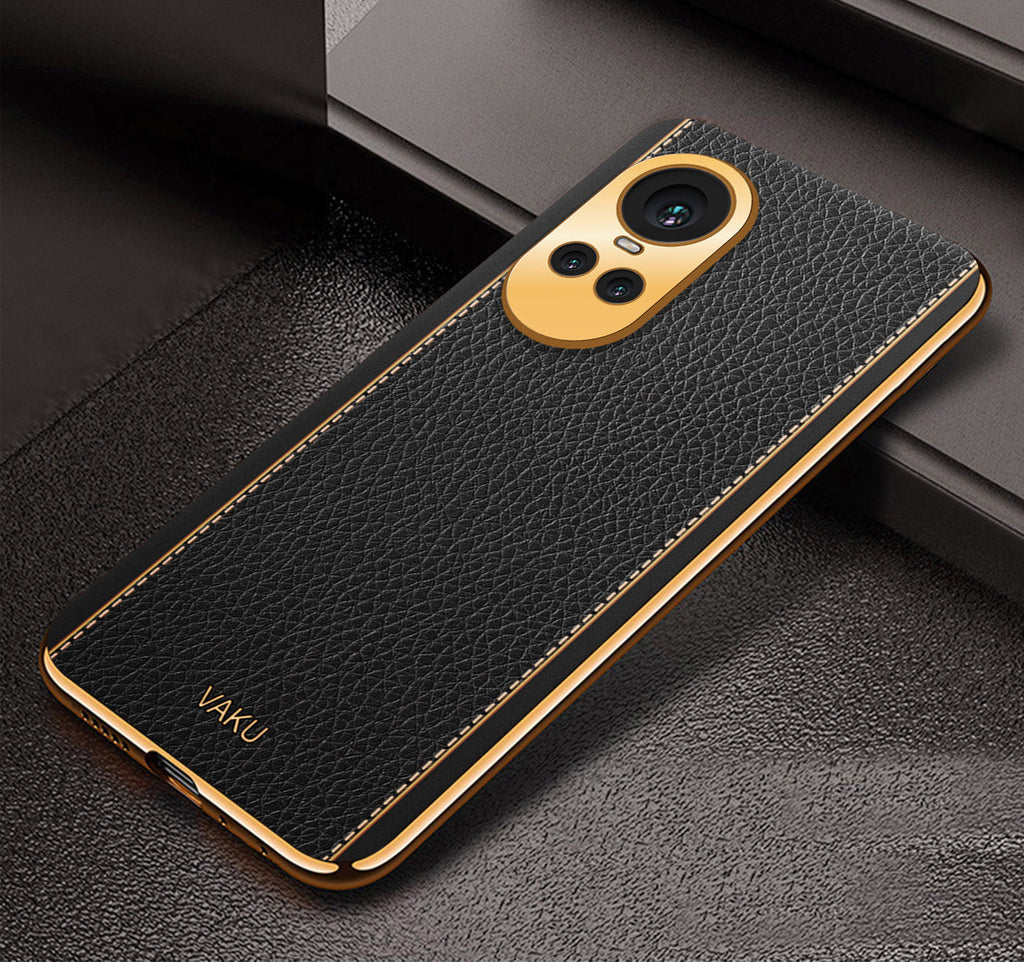 Vaku® Oppo Reno10 5G Luxemberg Leather Pattern Gold Electroplated Soft TPU Back Cover