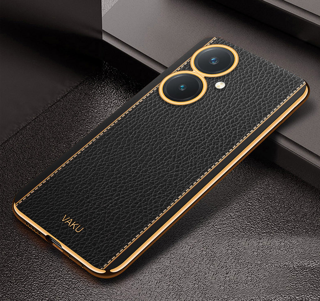 Vaku ® Vivo Y27 Luxemberg Series Leather Stitched Gold Electroplated Soft TPU Back Cover