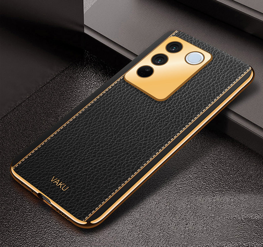 Vaku ® Vivo V27 5G Luxemberg Leather Pattern Gold Electroplated Soft TPU Back Cover