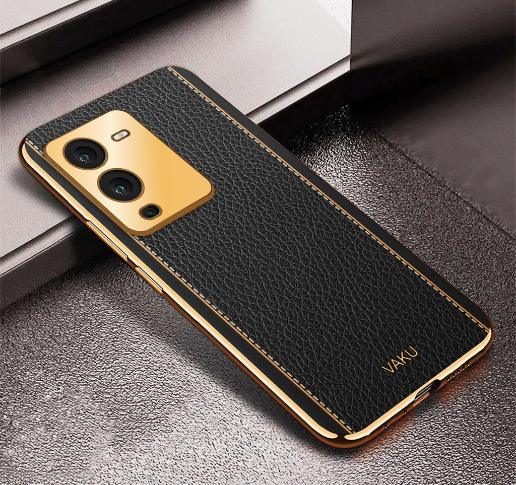 Vaku ® Vivo V25 Pro Luxemberg Leather Pattern Gold Electroplated Soft TPU Back Cover