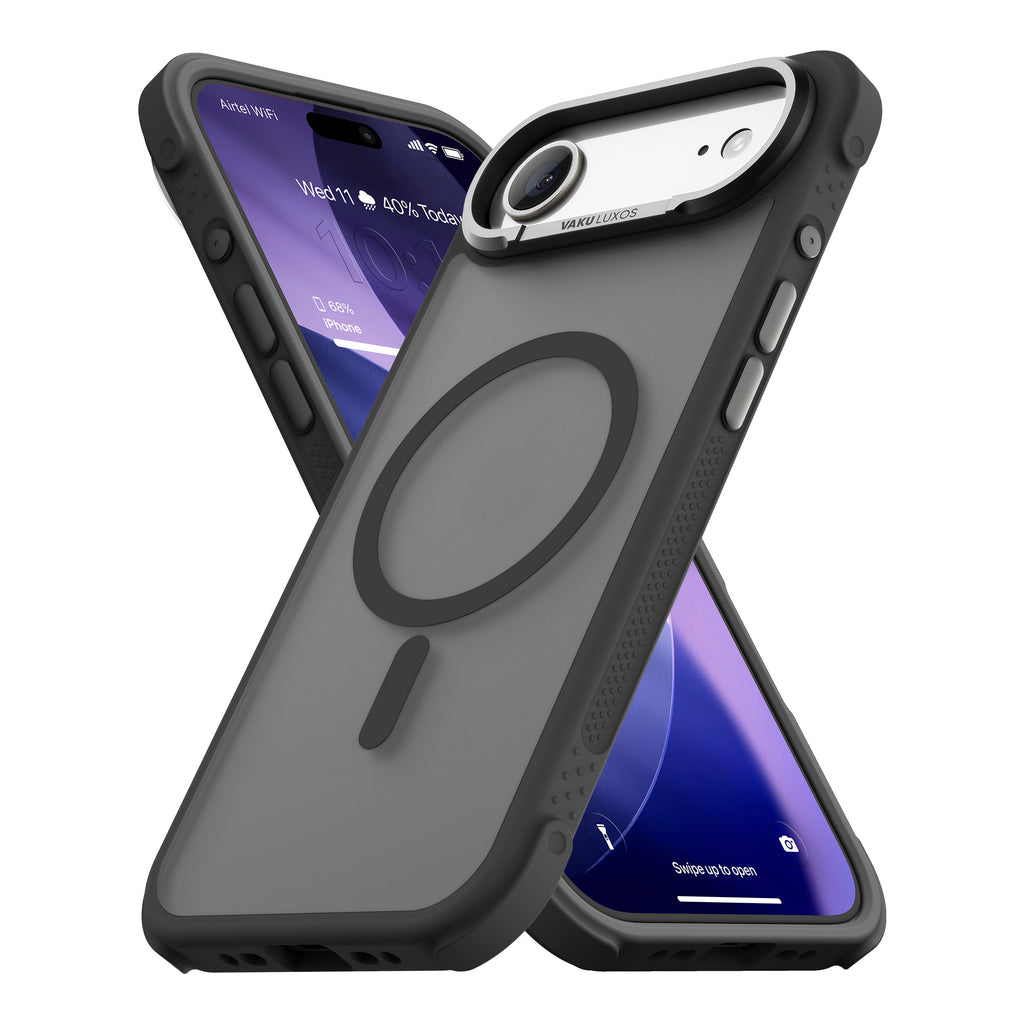 Vaku Luxos ® Apple iPhone 17 Air Thunder Magpro Translucent Scratch Resistant Military-Grade Protection Case With Stand Holder Metal Camera Ring Shockproof Back Cover