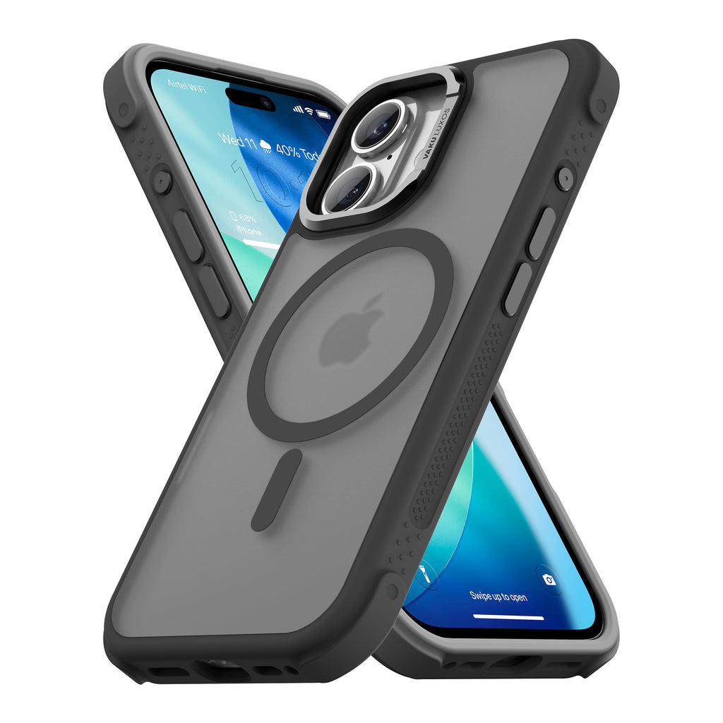 Vaku Luxos ® Apple iPhone 17 Thunder Magpro Translucent Scratch Resistant Military-Grade Protection Case With Stand Holder Metal Camera Ring Shockproof Back Cover