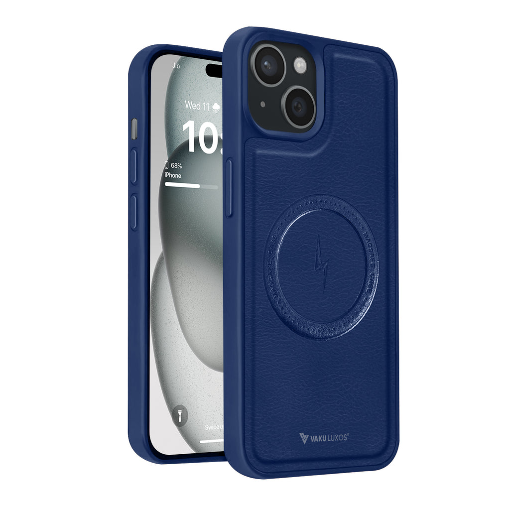 Vaku ® Apple iPhone 15 Plus Maxtron Leather Stitched Magnetic Magsafe Non-Slip Grip Shockproof Back Cover