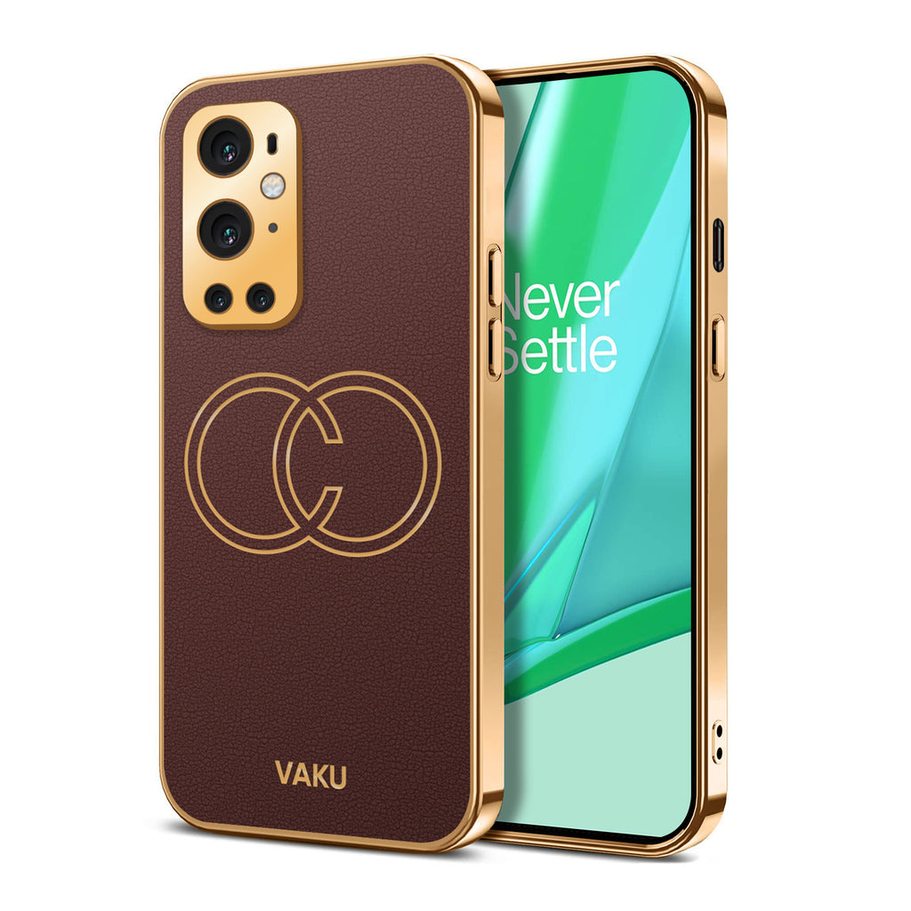 Vaku ® OnePlus 9 Pro Skylar Series Leather Stitched Gold Electroplated Soft TPU Back Cover