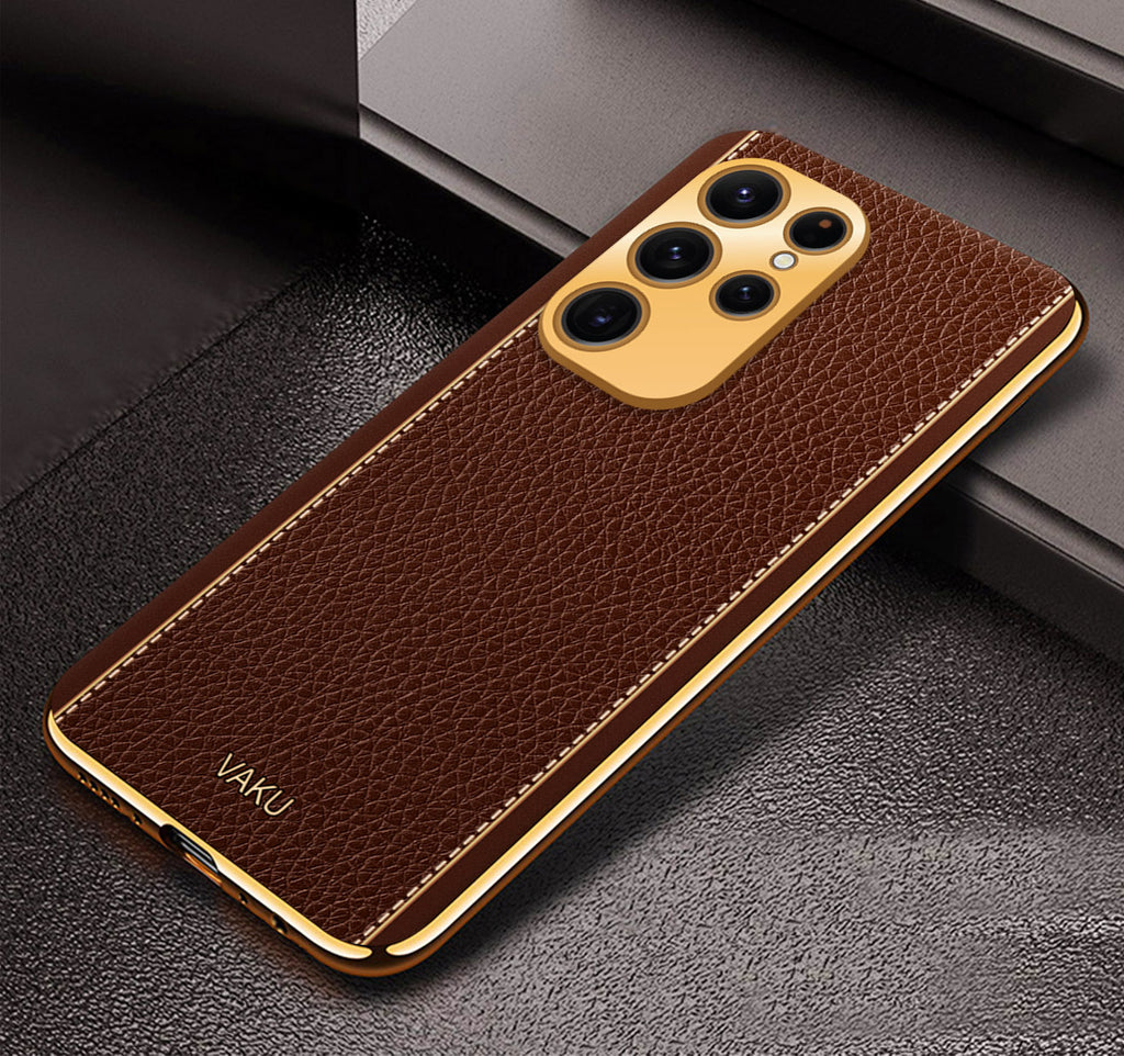Vaku® Samsung Galaxy S24 Ultra Luxemberg Leather Pattern Gold Electroplated Soft TPU Back Cover