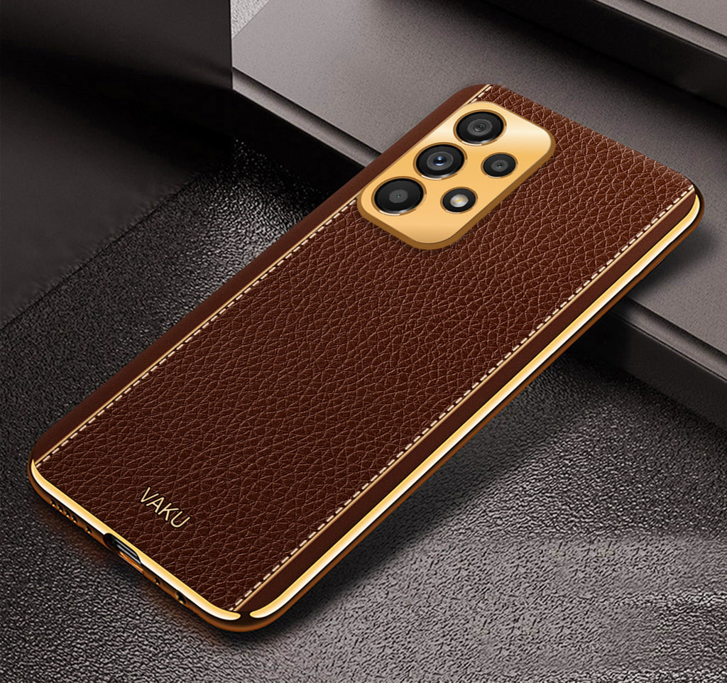Vaku® Samsung Galaxy A73 5G Luxemberg Series Leather Stitched Gold Electroplated Soft TPU Back Cover