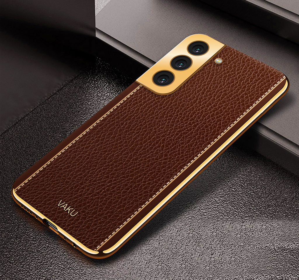Vaku® Samsung Galaxy S21 FE 5G Luxemberg Series Leather Stitched Gold Electroplated Soft TPU Back Cover