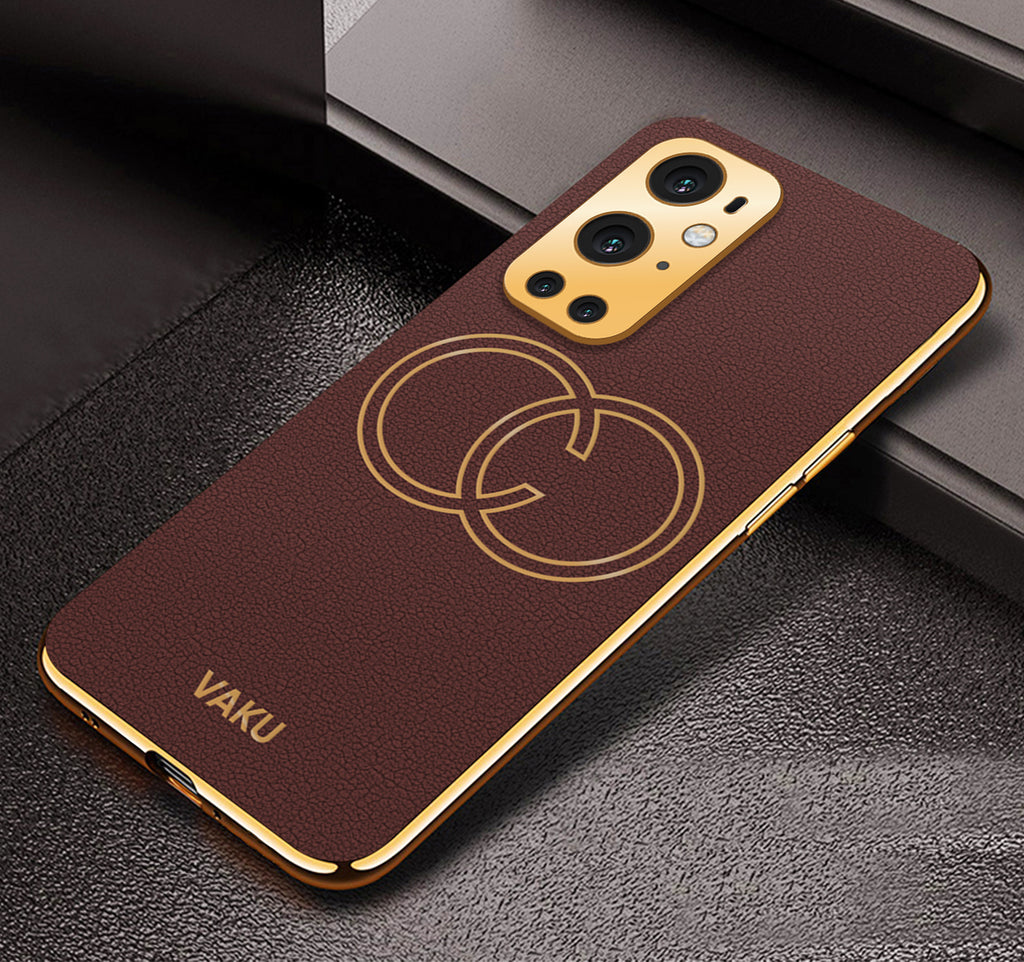 Vaku® OnePlus 9 Pro Skylar Series Leather Stitched Gold Electroplated Soft TPU Back Cover