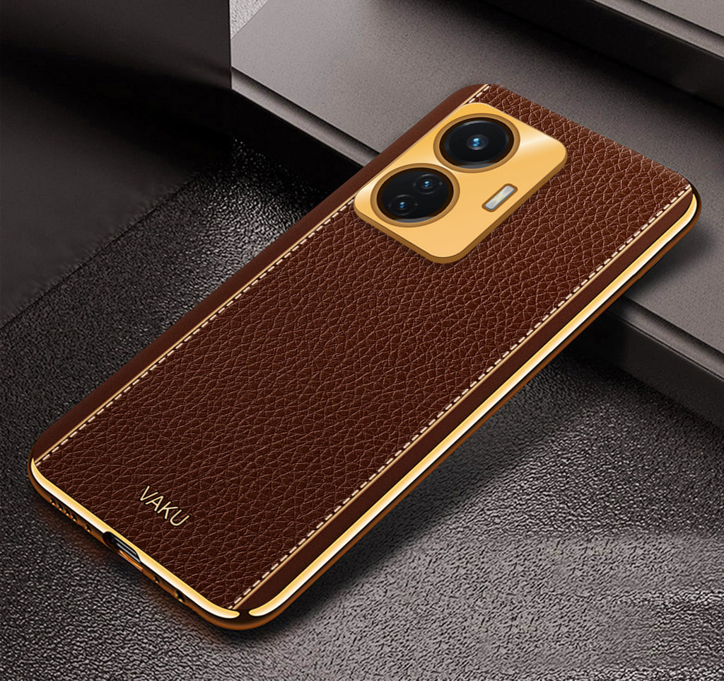 Vaku® Vivo T1 4G Luxemberg Series Leather Stitched Gold Electroplated Soft TPU Back Cover